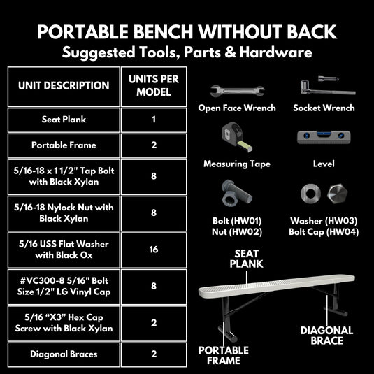 8 FT All-Weather Park Bench without Back, Portable Frame