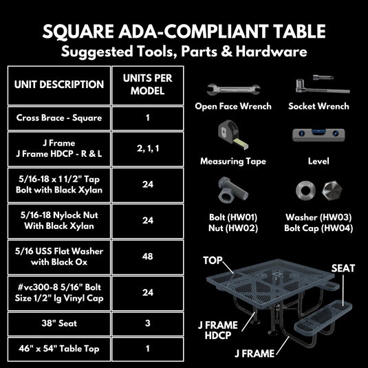 46" x 54" ADA-Accessible Weatherproof Square Outdoor Picnic Table With Colored Frame