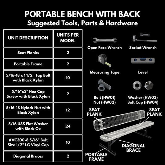 8 FT All-Weather Park Bench with Back, Portable Frame
