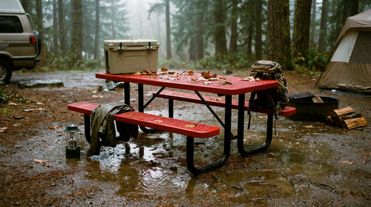 Red metal picnic table at a rainy campsite with puddles, a cooler, and camping gear nearby.