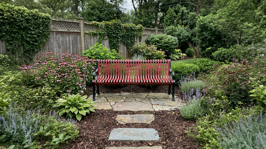 A red garden bench in someones backyard garden