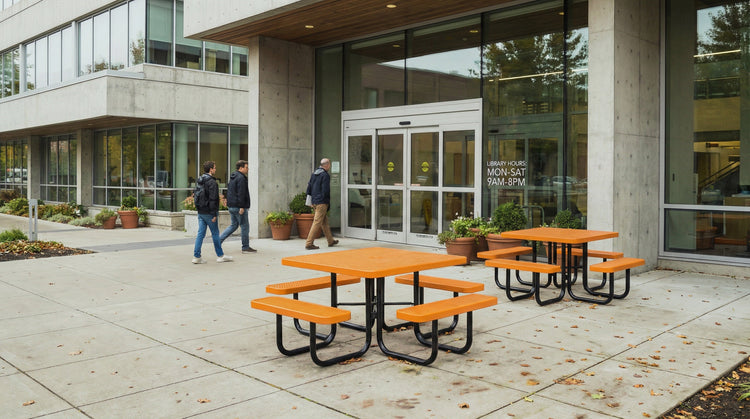 two orange picnic tables outside a public library with men walking in the building