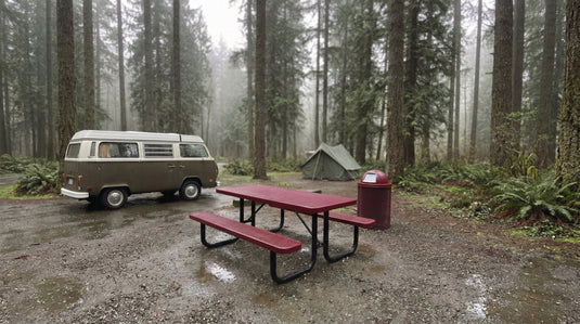 A red picnic table and trash can in the rain at a park campgrounds with a tent and van in the background