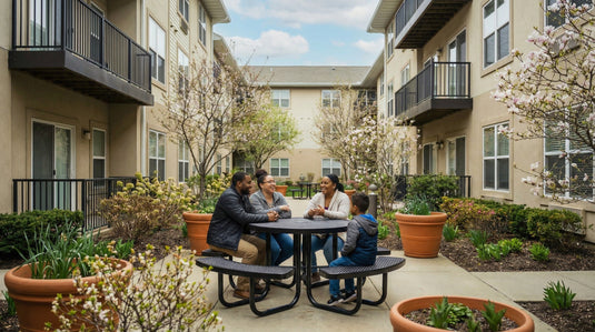 A family sitting around a round outdoor picnic table in early spring in an apartment complex courtyard