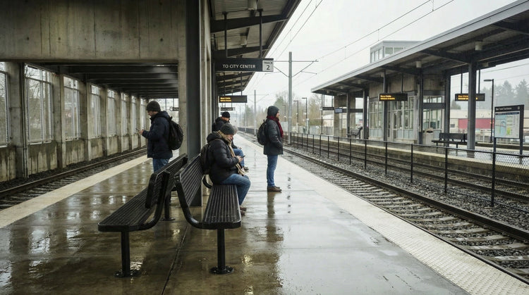 2 commercial benches at a train station with people sitting on them in the rain waiting for the train