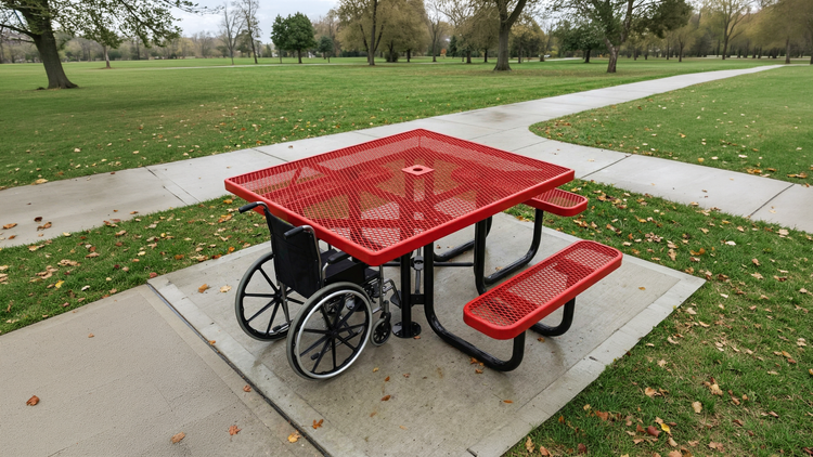 A red ADA accessible picnic table with a wheelchair in a park