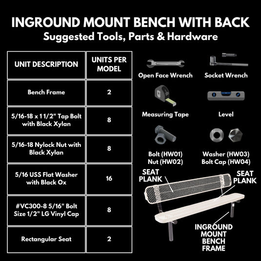 8FT Industrial Park Bench with Back, Inground Mount Frame