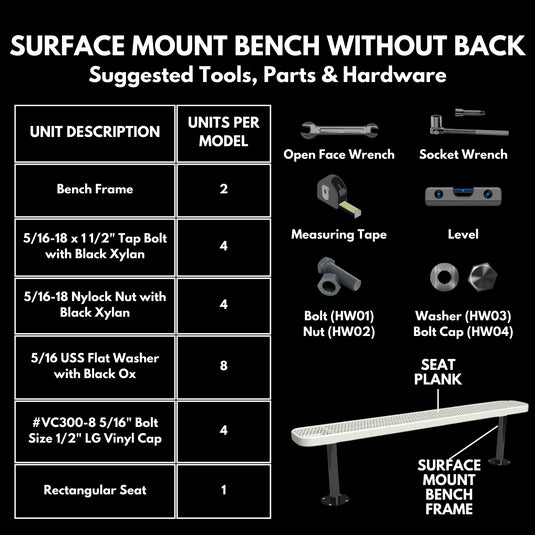 8FT Commercial Park Bench without Back, Surface Mount Frame