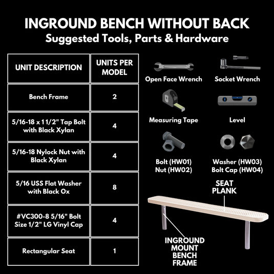 6FT Industrial Park Bench without Back, Inground Mount Frame