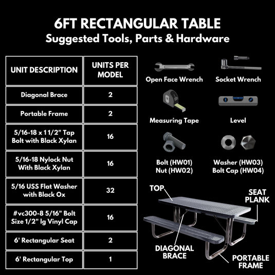 6 FT Commercial Rectangular Outdoor Picnic Table