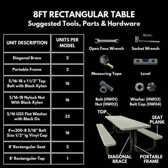 8 FT Commercial Rectangular Outdoor Picnic Table