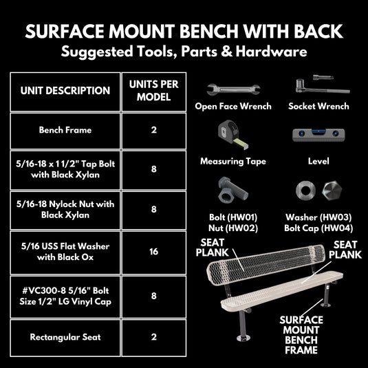 6FT Commercial Park Bench with Back, Surface Mount Frame
