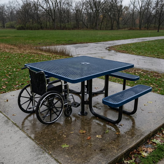 Blue picnic table with wheelchair at a park on a rainy day