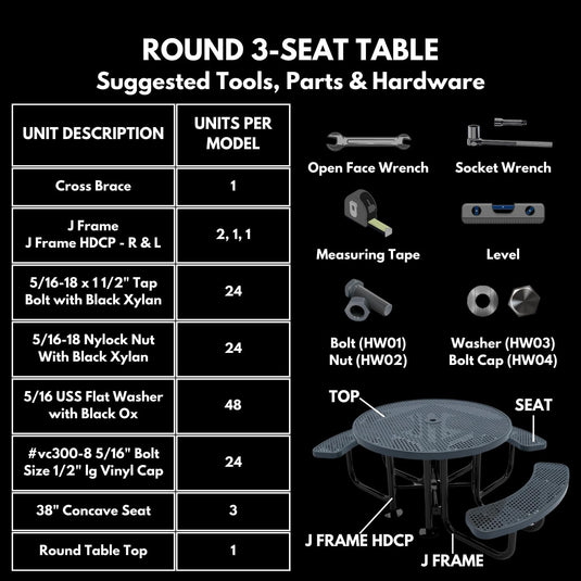3-Seat Round Metal Outdoor Picnic Table