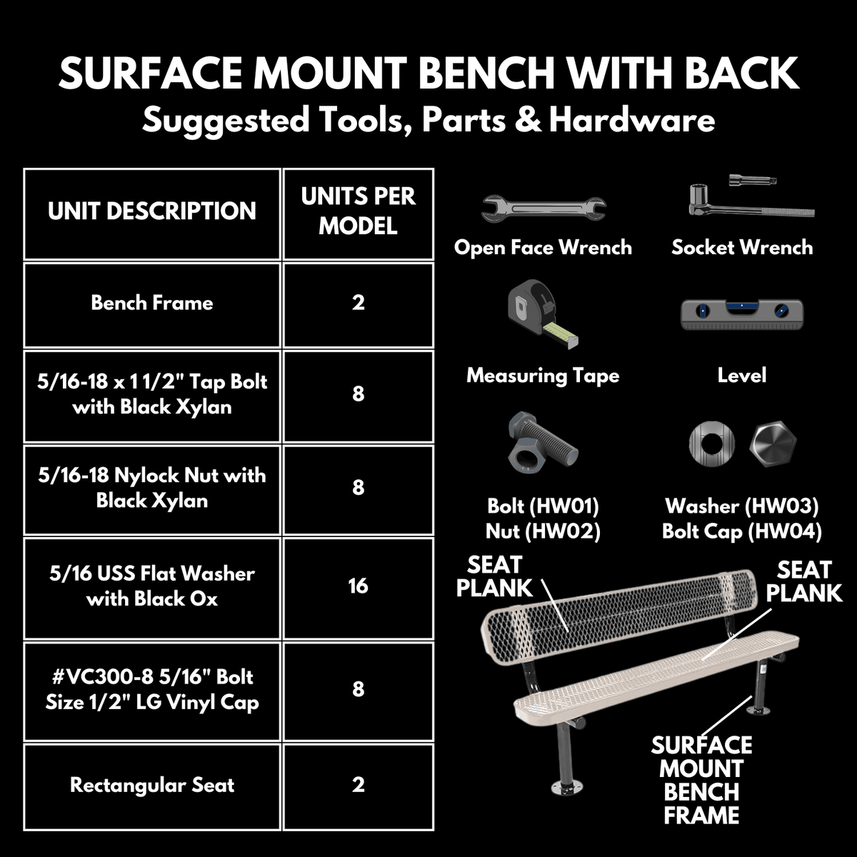 Expanded Metal Park Bench with Surface Mount Frame - Coated Outdoor Furniture