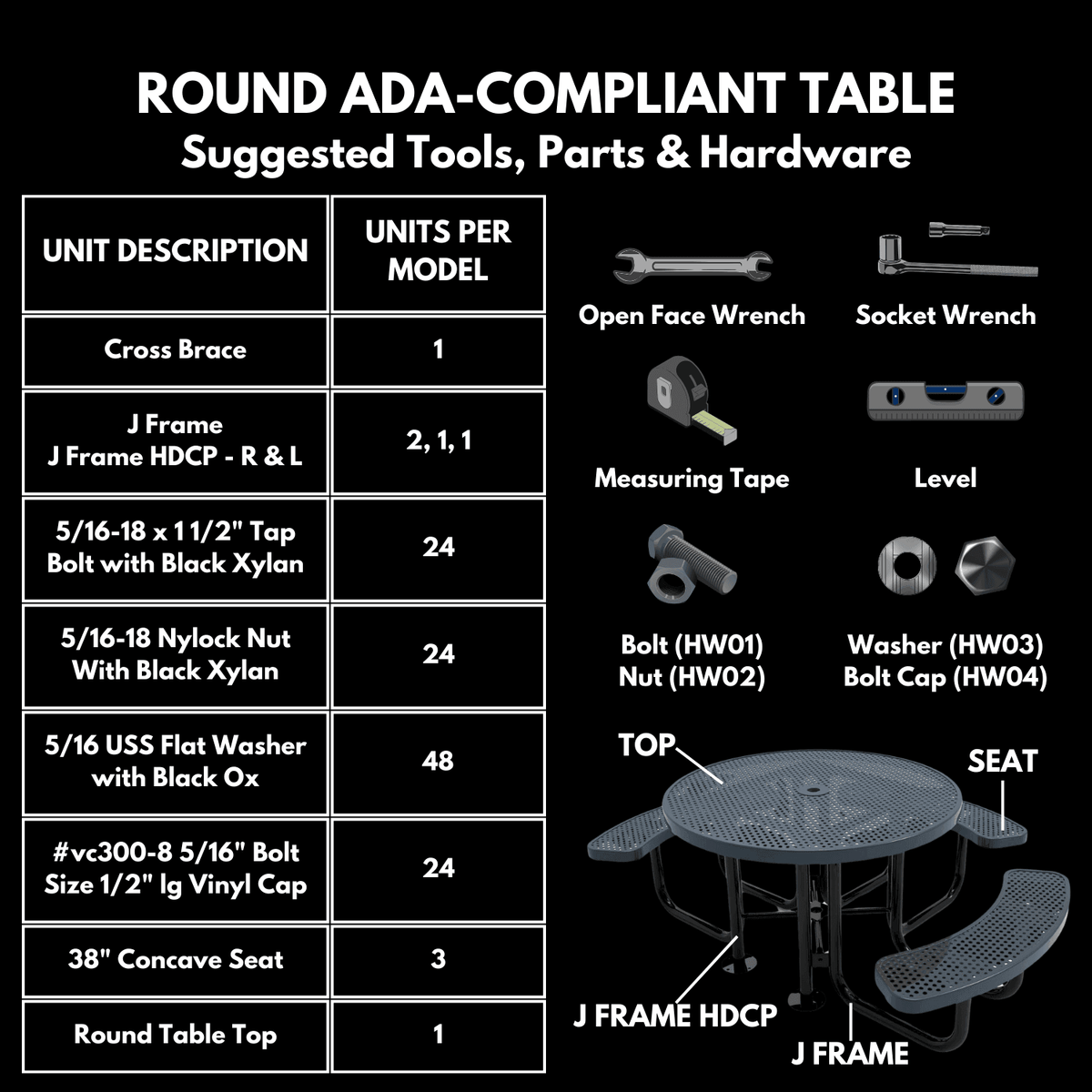 Heavy Duty 3-Seat Round Metal Outdoor Picnic Tables - Coated Outdoor Furniture