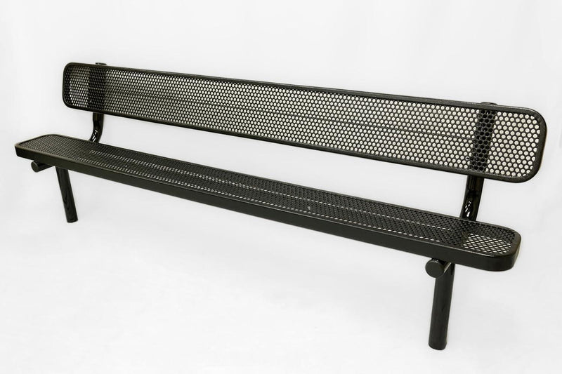 Load image into Gallery viewer, Punched Steel Park Bench with Inground Mount Frame - Coated Outdoor Furniture
